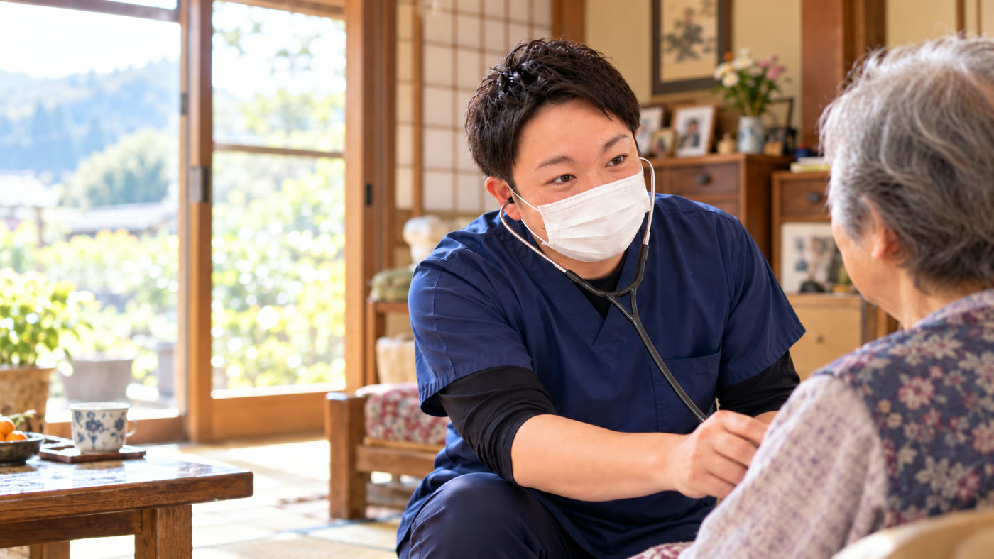 ご自宅で医師が聴診を行う訪問診療の様子